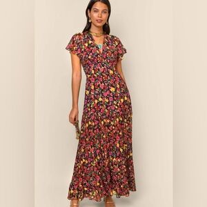Rixo Delicia Midi Dress Fontainhas Floral Maroon